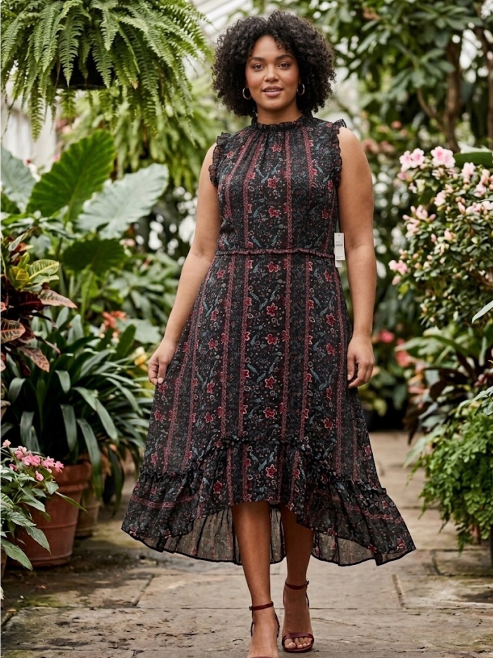 julia jordan Black Floral High-Low Ruffle Midi Dress with Burgundy Accents